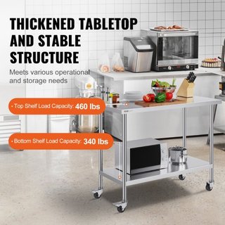 Mesa de Trabajo de Acero Inoxidable 24 x 48 x 38 Pulgadas, con 4 Ruedas, 3 Niveles de Altura Ajustables, Mesa de Trabajo Pesada para Preparación de Alimentos en Cocina Comercial Restaurante, Plata