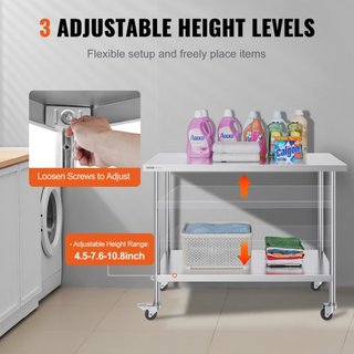 Mesa de Trabajo de Acero Inoxidable 24 x 48 x 38 Pulgadas, con 4 Ruedas, 3 Niveles de Altura Ajustables, Mesa de Trabajo Pesada para Preparación de Alimentos en Cocina Comercial Restaurante, Plata