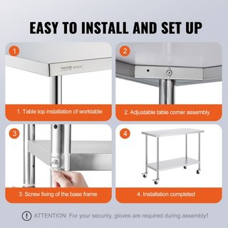Mesa de Trabajo de Acero Inoxidable 24 x 48 x 38 Pulgadas, con 4 Ruedas, 3 Niveles de Altura Ajustables, Mesa de Trabajo Pesada para Preparación de Alimentos en Cocina Comercial Restaurante, Plata