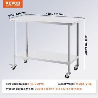 Mesa de Trabajo de Acero Inoxidable 24 x 48 x 38 Pulgadas, con 4 Ruedas, 3 Niveles de Altura Ajustables, Mesa de Trabajo Pesada para Preparación de Alimentos en Cocina Comercial Restaurante, Plata