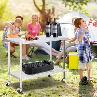 Mesa de Trabajo de Acero Inoxidable 24 x 48 x 38 Pulgadas, con 4 Ruedas, 3 Niveles de Altura Ajustables, Mesa de Trabajo Pesada para Preparación de Alimentos en Cocina Comercial Restaurante, Plata
