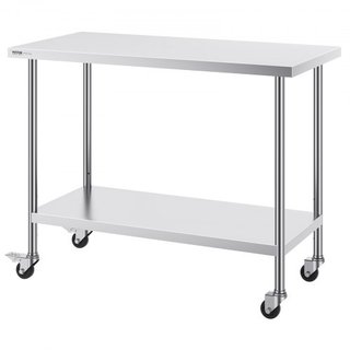 Mesa de Trabajo de Acero Inoxidable 24 x 48 x 38 Pulgadas, con 4 Ruedas, 3 Niveles de Altura Ajustables, Mesa de Trabajo Pesada para Preparación de Alimentos en Cocina Comercial Restaurante, Plata