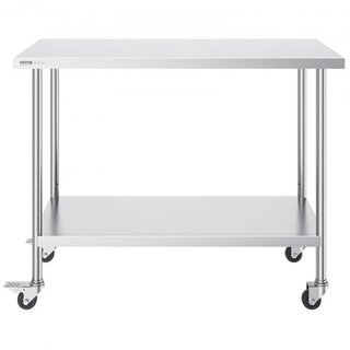 Mesa de Trabajo de Acero Inoxidable 24 x 48 x 38 Pulgadas, con 4 Ruedas, 3 Niveles de Altura Ajustables, Mesa de Trabajo Pesada para Preparación de Alimentos en Cocina Comercial Restaurante, Plata