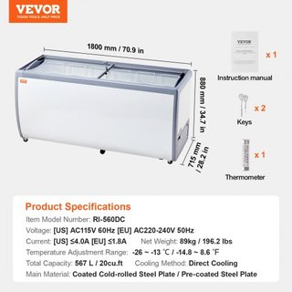 Vitrina de Helados Comercial, Congelador de Cofre de 567 L, Congelador Profundo de Cristal Móvil, Gabinete de Dipping de Gelato para Restaurante con 12 Grandes Tinas, 2 Puertas de Cristal Deslizan...