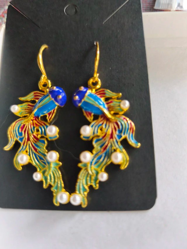 Pendientes Art Nouveau Pez Esmaltado Perlas
