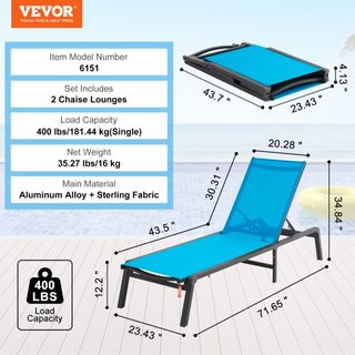 Sillas de Lounge Chaise para Exterior, Sillas de Patio de Aluminio con Ajuste de 5 Posiciones, Sillas de Lounge Plegables para Piscina y Sillas de Tanning Planas para Patio, Playa, Piscina, Azul, ...