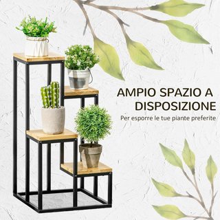 Estante para Plantas de Interior de 4 Niveles, Estante para Flores y Macetas de Metal y Madera de Abeto para Interiores y Exteriores, para Jardín, Balcón y Sala de Estar, 34X34X66Cm, Color Madera