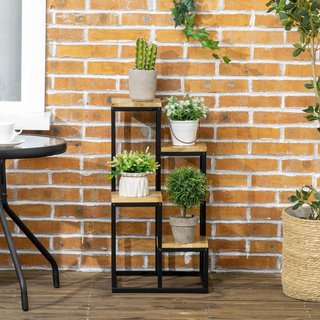 Estante para Plantas de Interior de 4 Niveles, Estante para Flores y Macetas de Metal y Madera de Abeto para Interiores y Exteriores, para Jardín, Balcón y Sala de Estar, 34X34X66Cm, Color Madera