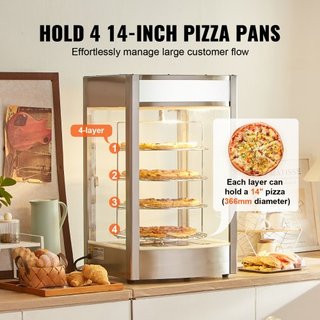Exhibidor de Comida Comercial para Pizza de 14", Calentador de Pizza de 4 Niveles con Calentamiento por Vapor Rotativo, Control de Temperatura de 30℃~85℃ y Pantalla de Temperatura, Luz de Horno de...