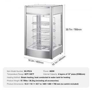 Exhibidor de Comida Comercial para Pizza de 14", Calentador de Pizza de 4 Niveles con Calentamiento por Vapor Rotativo, Control de Temperatura de 30℃~85℃ y Pantalla de Temperatura, Luz de Horno de...