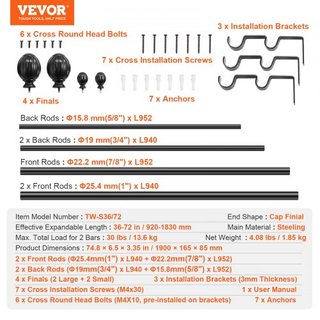 Barras de Cortina Dobles, Longitud Ajustable de 91.4-182.9 cm, Barras de Cortina Dobles Negras con Terminales Redondos, Diámetro de 2.5 cm y 1.9 cm, Barra de Cortina Doble para Cortinas Transparen...