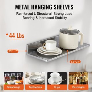 Estante de Acero Inoxidable de 21.8 x 61 cm, Estantería Flotante Montada en la Pared con Respaldo, Estantes Comerciales de 20 kg de Capacidad de Carga, Estante de Almacenamiento de Alta Resistenci...