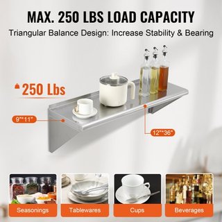 Estante de Acero Inoxidable de 30.5 x 91.4 cm, Estantería Flotante Montada en la Pared con Soportes, Estantes Comerciales de 113.4 kg de Capacidad de Carga, Estante de Almacenamiento de Alta Resis...