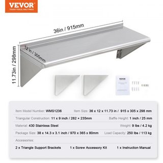 Estante de Acero Inoxidable de 30.5 x 91.4 cm, Estantería Flotante Montada en la Pared con Soportes, Estantes Comerciales de 113.4 kg de Capacidad de Carga, Estante de Almacenamiento de Alta Resis...