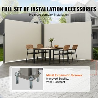 Toldo Lateral Retráctil, Pantalla de Privacidad Exterior de 79''x 236'', Pantalla de Patio Retráctil Impermeable de Poliéster de 180g, Pantalla Divisoria UV 30+ para Patio, Jardín, Balcón, Beige