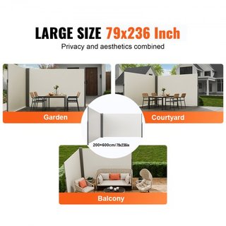 Toldo Lateral Retráctil, Pantalla de Privacidad Exterior de 79''x 236'', Pantalla de Patio Retráctil Impermeable de Poliéster de 180g, Pantalla Divisoria UV 30+ para Patio, Jardín, Balcón, Beige