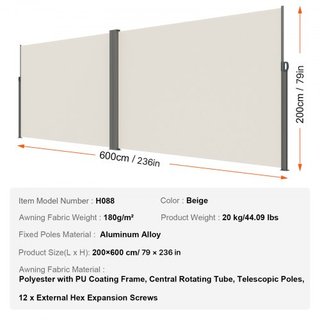 Toldo Lateral Retráctil, Pantalla de Privacidad Exterior de 79''x 236'', Pantalla de Patio Retráctil Impermeable de Poliéster de 180g, Pantalla Divisoria UV 30+ para Patio, Jardín, Balcón, Beige