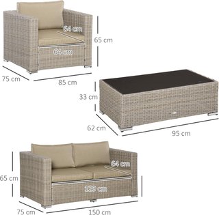 Conjunto de Muebles de Jardín de 4 Piezas en Rattan PE, Salón de Exterior con 1 Sofá, 2 Sillones, 1 Mesa y Cojines Extraíbles y Lavables, Caqui y Beige