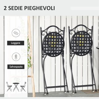 Juego de Mesa y Sillas de Balcón de 3 Piezas, Juego de Jardín Plegable de Metal con Azulejos Coloridos, Multicolor