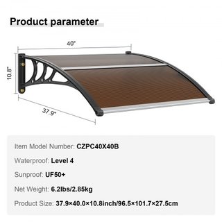 Toldo para Ventana y Puerta 40" x 40", Policarbonato UPF 50+ para Entrada Exterior, Toldo de Sobrepuerta para Protección Solar, UV, Lluvia, Nieve, Hoja Hueca