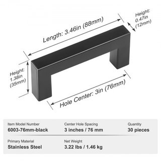 30 Pack Tiradores de Gabinete, 3in / 76mm Centro a Centro Tiradores Cuadrados Slim para Cajones de Cocina, Manijas Modernas de Acero Inoxidable para Puertas de Armario de Cocina y Baño Hardware Ne...