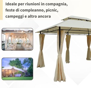 Gazebo de Jardín 3X4 M Con Cortinas y Techo de 2 Niveles en Acero y Poliéster, Blanco Crema