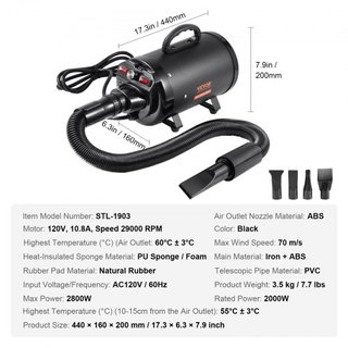 Secador de Perros, Secador de Perro de 2000W/2.7HP, Secador de Aseo para Mascotas con Velocidad y Control de Temperatura Ajustables, Secador de Pelo para Mascotas con 4 Boquillas y Manguera Extens...