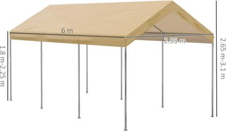Toldo De Jardín De Altura Ajustable De Acero Y PE Para Autos Pequeños Y Medianos Con Estacas Y Cuerdas Incluidas, 600X295X265-310 Cm, Beige