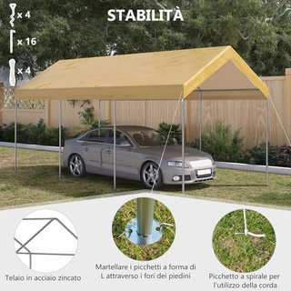 Toldo De Jardín De Altura Ajustable De Acero Y PE Para Autos Pequeños Y Medianos Con Estacas Y Cuerdas Incluidas, 600X295X265-310 Cm, Beige
