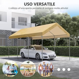 Toldo De Jardín De Altura Ajustable De Acero Y PE Para Autos Pequeños Y Medianos Con Estacas Y Cuerdas Incluidas, 600X295X265-310 Cm, Beige