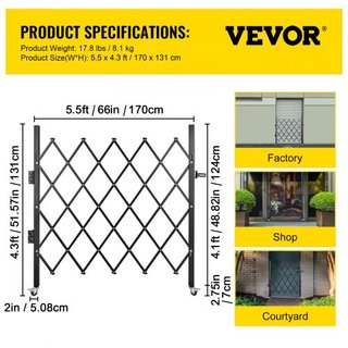 Puerta de Seguridad Plegable Individual, 170 × 124 cm (An × Al) Puerta Plegable, Puerta de Seguridad de Acero en Acordeón, Puerta de Seguridad Expandible Flexible, Puerta de Barricada Rodante de 3...