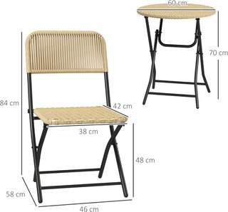 Conjunto de Jardín de 3 Piezas en Ratán y Acero, 2 Sillas Plegables 46X58X84 Cm y Mesa de Café Ø60X70 Cm, Amarillo y Negro