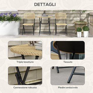 Conjunto de Jardín de 3 Piezas en Ratán y Acero, 2 Sillas Plegables 46X58X84 Cm y Mesa de Café Ø60X70 Cm, Amarillo y Negro