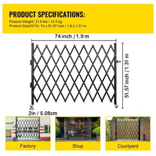 Puerta de Seguridad Plegable Individual, Puerta Plegable de 131.00 x 187.96 cm, Puerta de Seguridad de Acero en Acordeón, Puerta de Seguridad Expandible Flexible, Puerta de Barricada Rodante de 36...