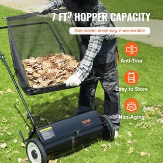 Barredora de Césped Manual, Recogedor de Hojas y Césped de 26 pulgadas, Ruedas de Goma Resistentes y Acero Reforzado, Duradera con Gran Capacidad de 7 pies cúbicos, Bolsa de Recolección de Malla, ...