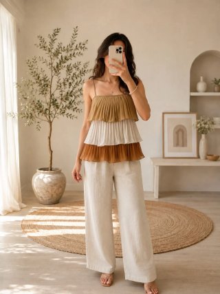 Blusa volantes nueva beige y marrón