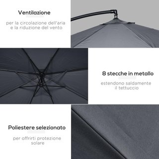 Sombrilla Descentrada 3X3 M Con Mosquitera, Base Cruzada, Salidas de Aire Y Manivela, Sombrilla De Jardín Inclinable Y Giratoria a 360° en Acero Y Poliéster, Protección UV, Gris Oscuro