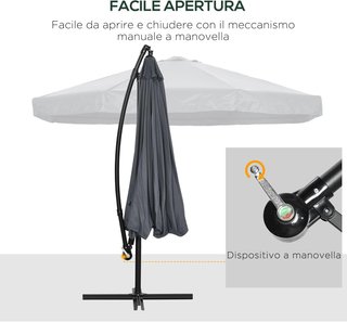 Sombrilla Descentrada 3X3 M Con Mosquitera, Base Cruzada, Salidas de Aire Y Manivela, Sombrilla De Jardín Inclinable Y Giratoria a 360° en Acero Y Poliéster, Protección UV, Gris Oscuro