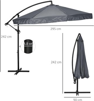 Sombrilla Descentrada 3X3 M Con Mosquitera, Base Cruzada, Salidas de Aire Y Manivela, Sombrilla De Jardín Inclinable Y Giratoria a 360° en Acero Y Poliéster, Protección UV, Gris Oscuro