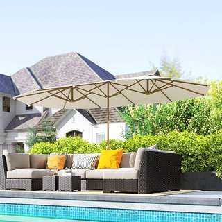 Sombrilla Doble 455X265 Cm Con Manivela, Sombrilla De Jardín a 12 Varillas de Acero y Poliéster 180G/㎡, anti UV30+, para Jardín, Terraza y Balcón, Beige