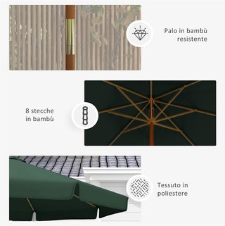 Sombrilla De Jardín Ø3.25M Con Cuerdas, Apertura Regulable Y Ventilación, Sombrilla De Exterior Con 8 Varillas De Madera, Bambú Y Poliéster 180G/㎡, Para Patio, Terraza Y Balcón