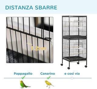 Jaula para Aves 2 en 1 Voliera para Interiores Con 4 Ruedas Giratorias, Bandejas Extraíbles Y Contenedores de Plástico, 51.5X50X140 Cm, Negro
