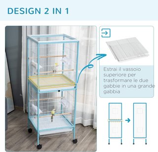 Jaula para Aves 2 en 1 Voladera para Interiores Con 4 Ruedas Giratorias, Bandejas Extraíbles Y Contenedores de Plástico, 51.5X50X140 Cm, Azul