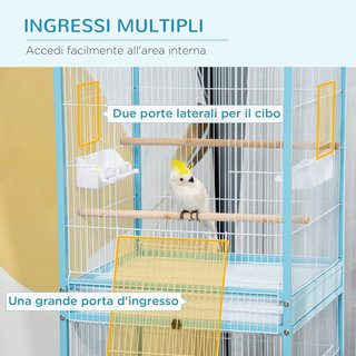 Jaula para Aves 2 en 1 Voladera para Interiores Con 4 Ruedas Giratorias, Bandejas Extraíbles Y Contenedores de Plástico, 51.5X50X140 Cm, Azul