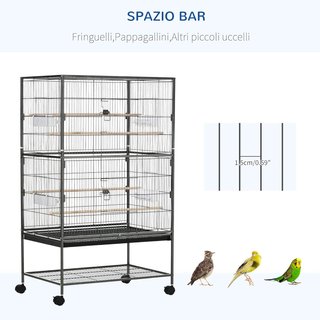 Jaula para Aves de Interior de Acero y Madera con Bandeja Extraíble, 4 Ruedas, Perchero y Contenedor de Alimentos, 78X52X132Cm, Gris Oscuro