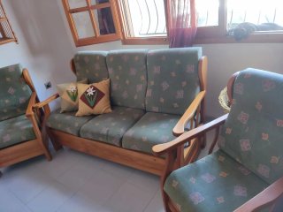 Sofá y sillones de madera y tela