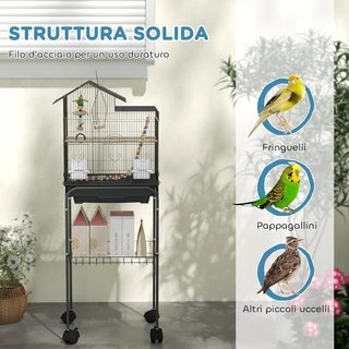 Jaula para Aves con Soporte, Voladera con Estante de Malla y 4 Ruedas Giratorias, Jaula con Columpio, Cuencos y Juguetes, 46X36X120 Cm, Negro