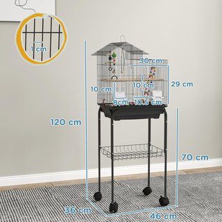 Jaula para Aves con Soporte, Voladera con Estante de Malla y 4 Ruedas Giratorias, Jaula con Columpio, Cuencos y Juguetes, 46X36X120 Cm, Negro