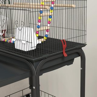 Jaula para Aves con Soporte, Voladera con Estante de Malla y 4 Ruedas Giratorias, Jaula con Columpio, Cuencos y Juguetes, 46X36X120 Cm, Negro