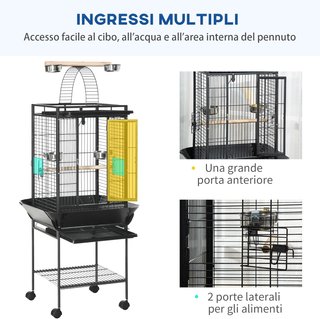 Jaula para Periquitos con 2 Posaderos de Madera y Escalera Arqueada, Jaula para Aves de Acero con Múltiples Entradas, 62.5X62.5X156 Cm, Gris
